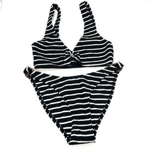 No Boundaries Striped Textured Two Piece Bikini Black and White Size Medium